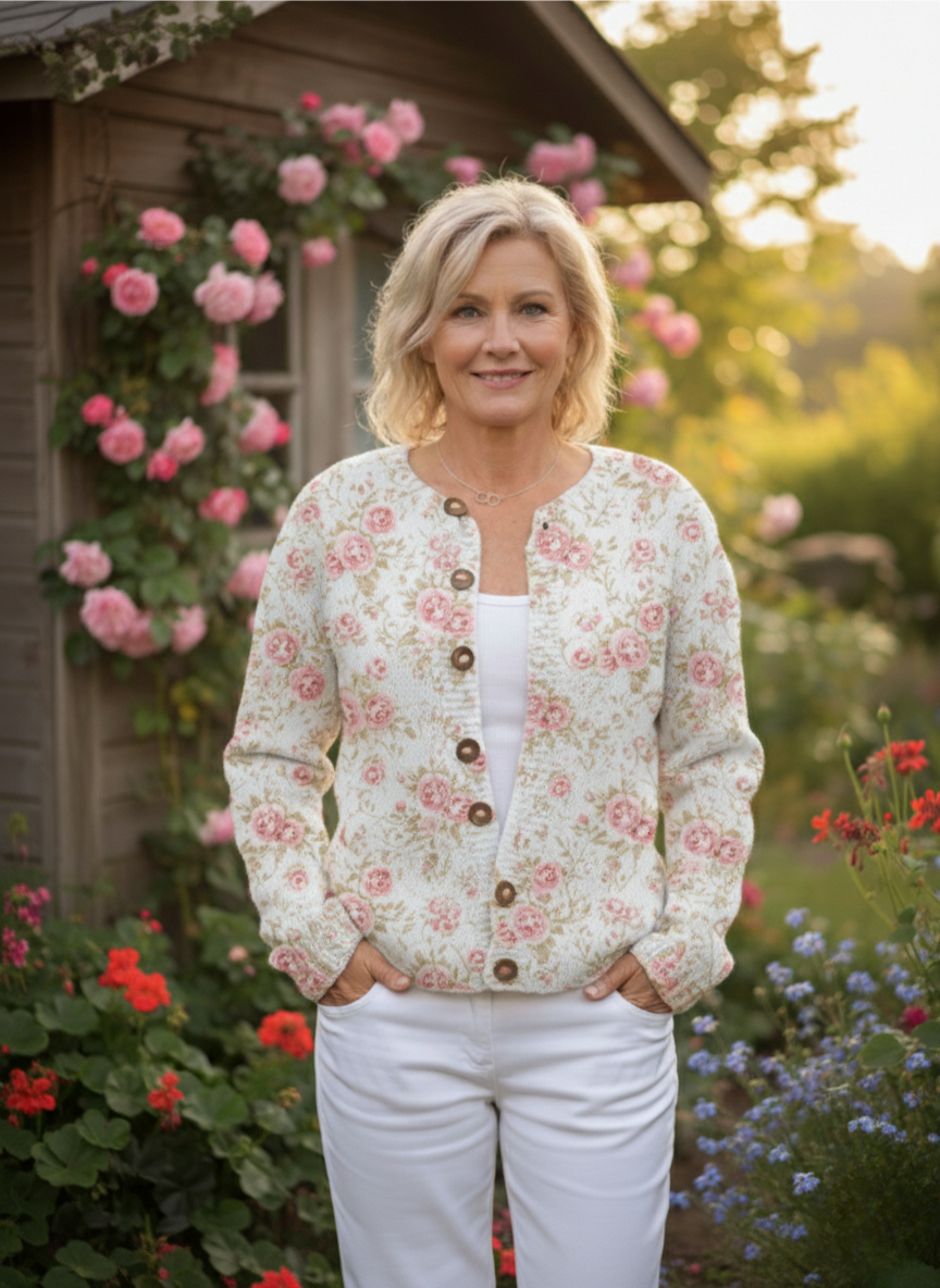 Pink Rose Florets Print Buttoned Cardigan Sweater