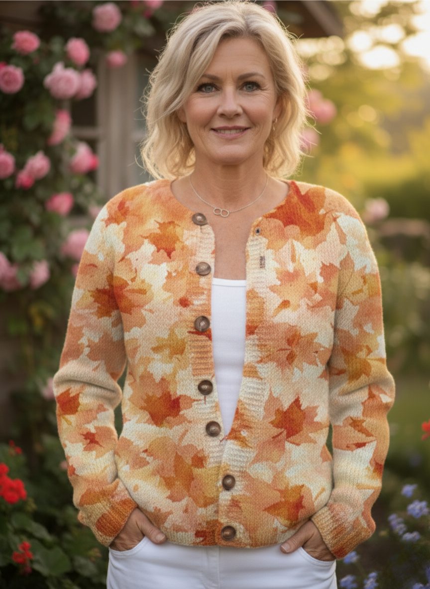 Maple Leaf Autumn Art Print Buttoned Cardigan Sweater