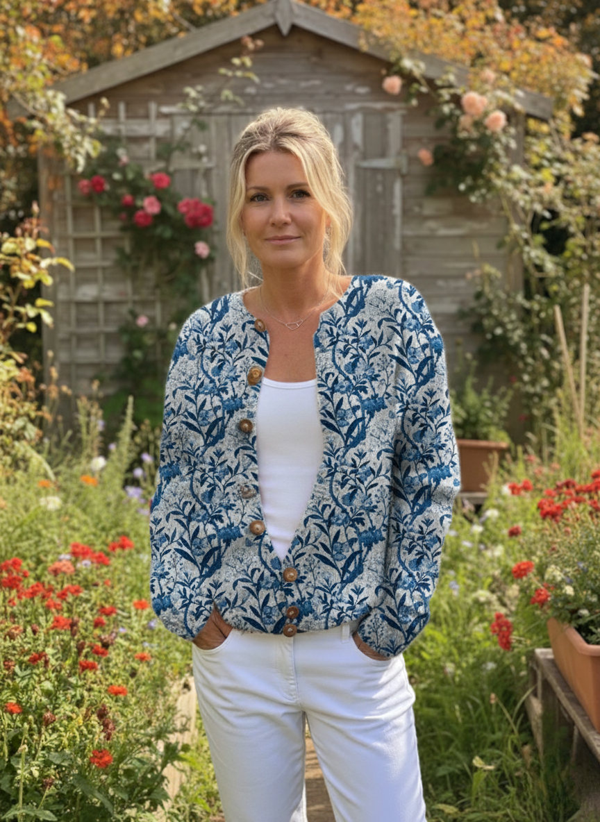 Elegant Blue And White Floral Pattern Print Buttoned Cardigan Sweater
