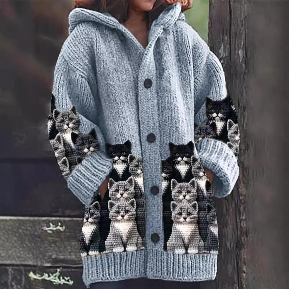 Jasmin | Cozy Knit Cat Print Cardigan