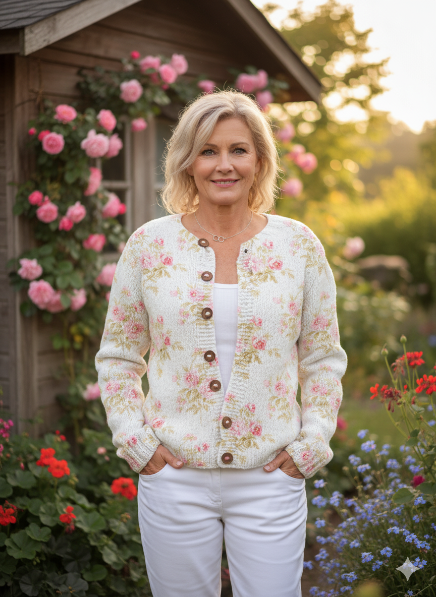 Fresh Pink Flowers and Green Leaves Print Buttoned Cardigan Sweater