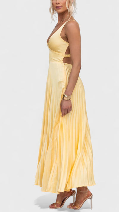Aby | Yellow Pleated V-Neck Maxi Dress