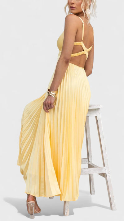 Aby | Yellow Pleated V-Neck Maxi Dress