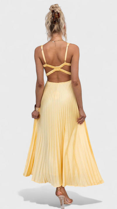 Aby | Yellow Pleated V-Neck Maxi Dress