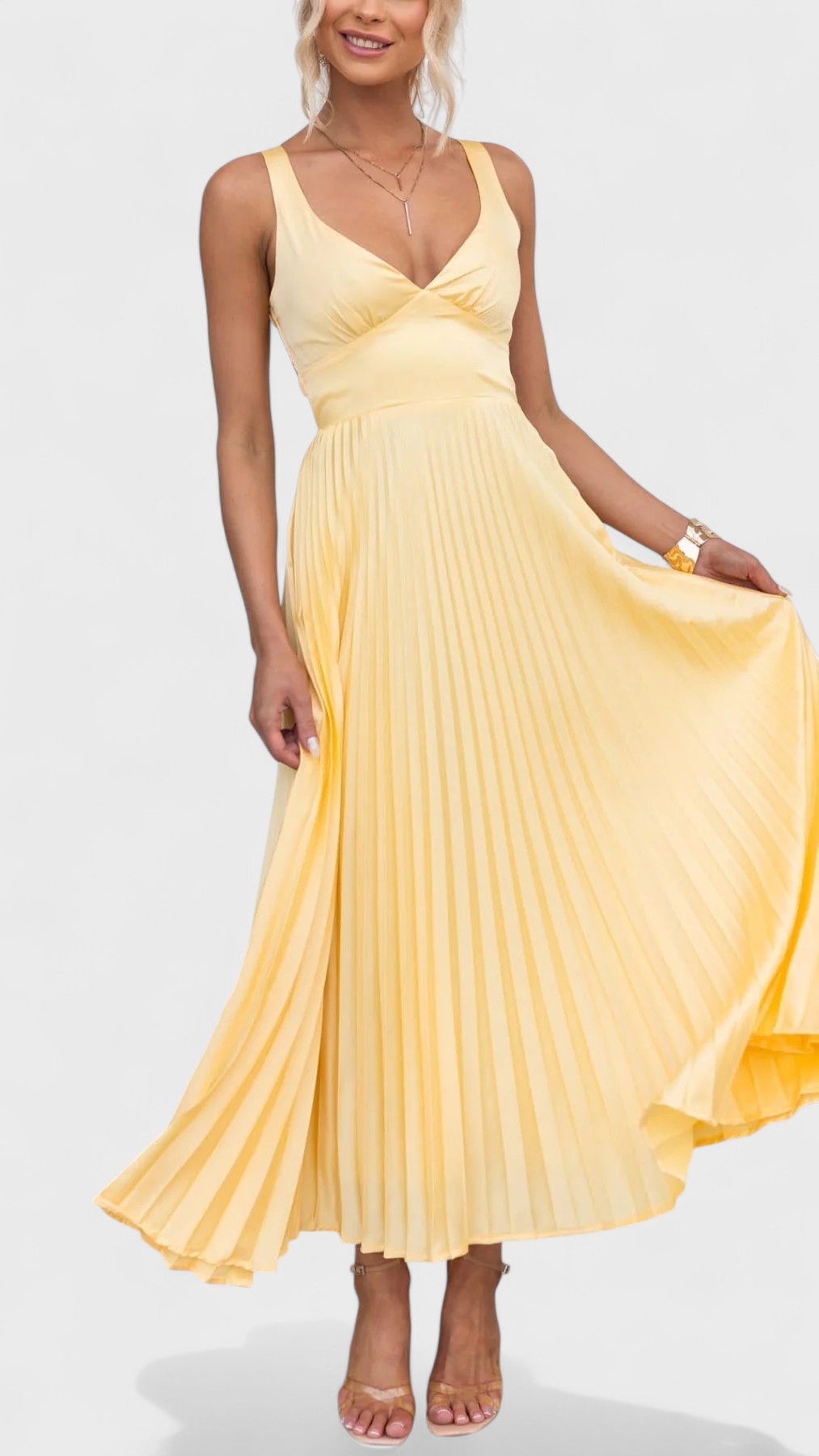 Aby | Yellow Pleated V-Neck Maxi Dress
