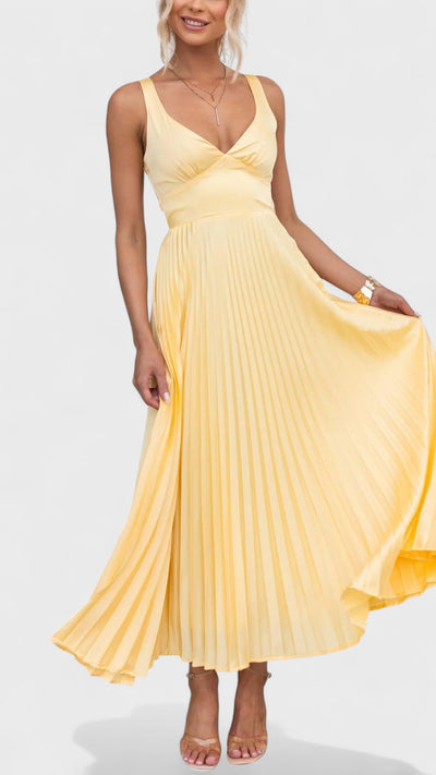 Aby | Yellow Pleated V-Neck Maxi Dress