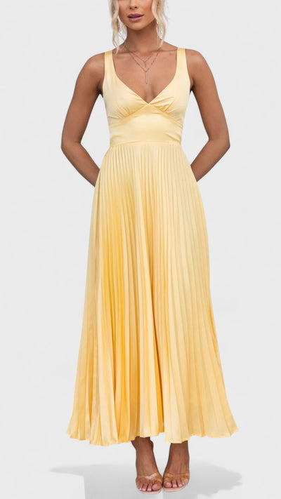 Aby | Yellow Pleated V-Neck Maxi Dress